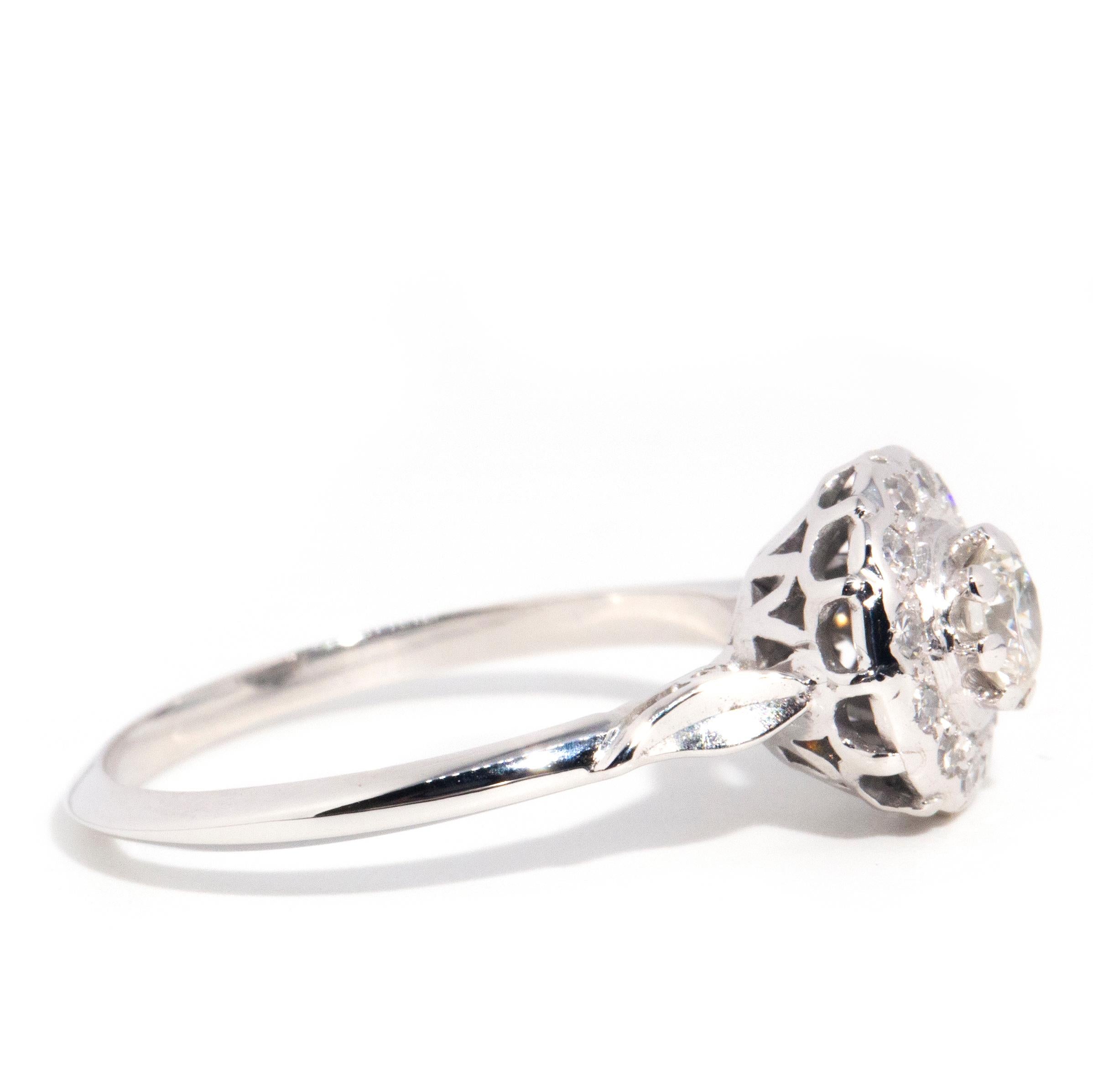 Round Cut Vintage circa 1950s 18 Carat White Gold Diamond Scalloped Halo Cluster Ring For Sale