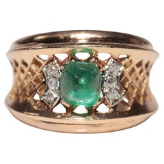 Vintage Circa 1950s Or 18k Bague en émeraude naturelle cabochon et diamants