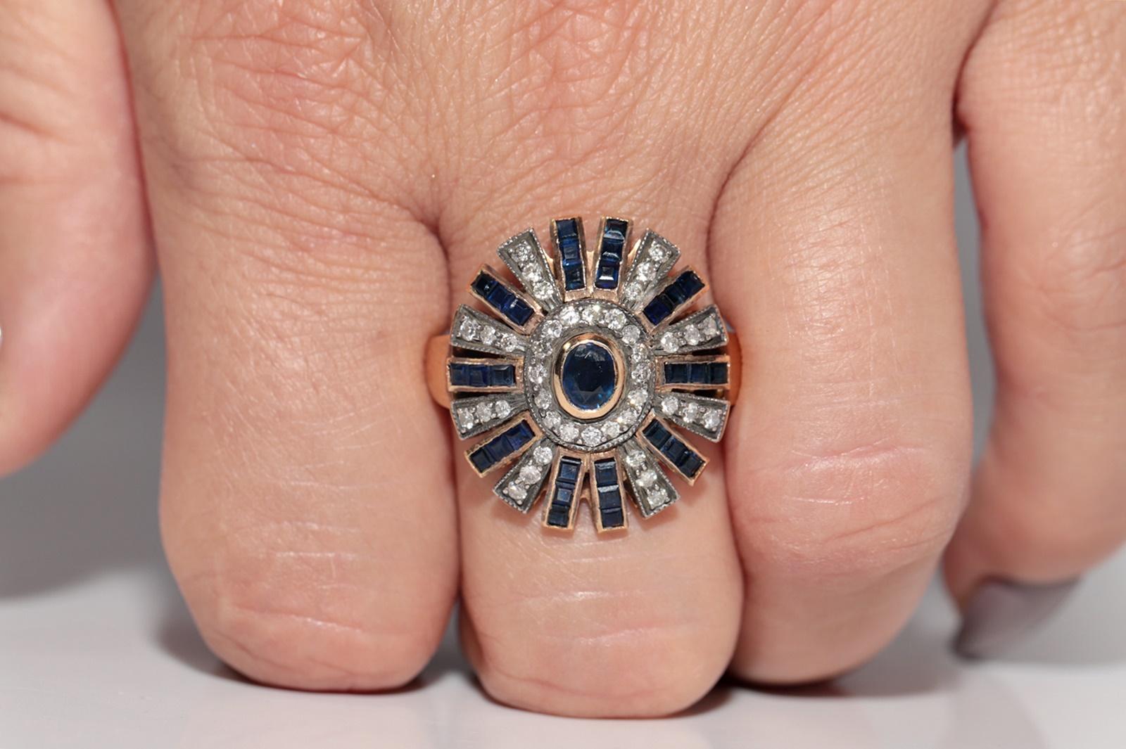 Vintage CIRCA 1950s 18k Gold Natürlicher Diamant und Saphir Starker Ring (Brillantschliff) im Angebot