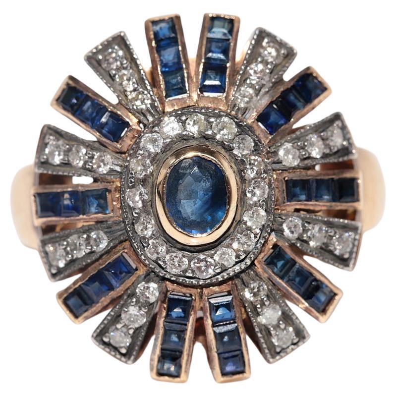 Vintage Circa 1950s Or 18k Diamant Naturel et Saphir Bague Forte