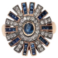 Vintage Circa 1950s Or 18k Diamant Naturel et Saphir Bague Forte