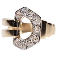 Vintage Circa  1950s 18k Gold Natural Old Cut Diamond  Belt Buckle Style Ring