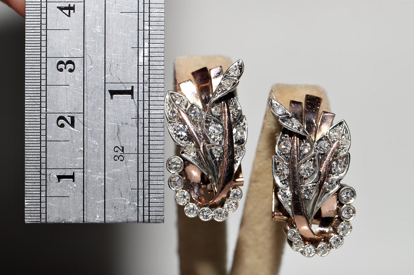 Vintage Circa 1950er Jahre 8k Gold Natürlicher Diamant-Ohrring mit verzierten Blumen (Brillantschliff) im Angebot