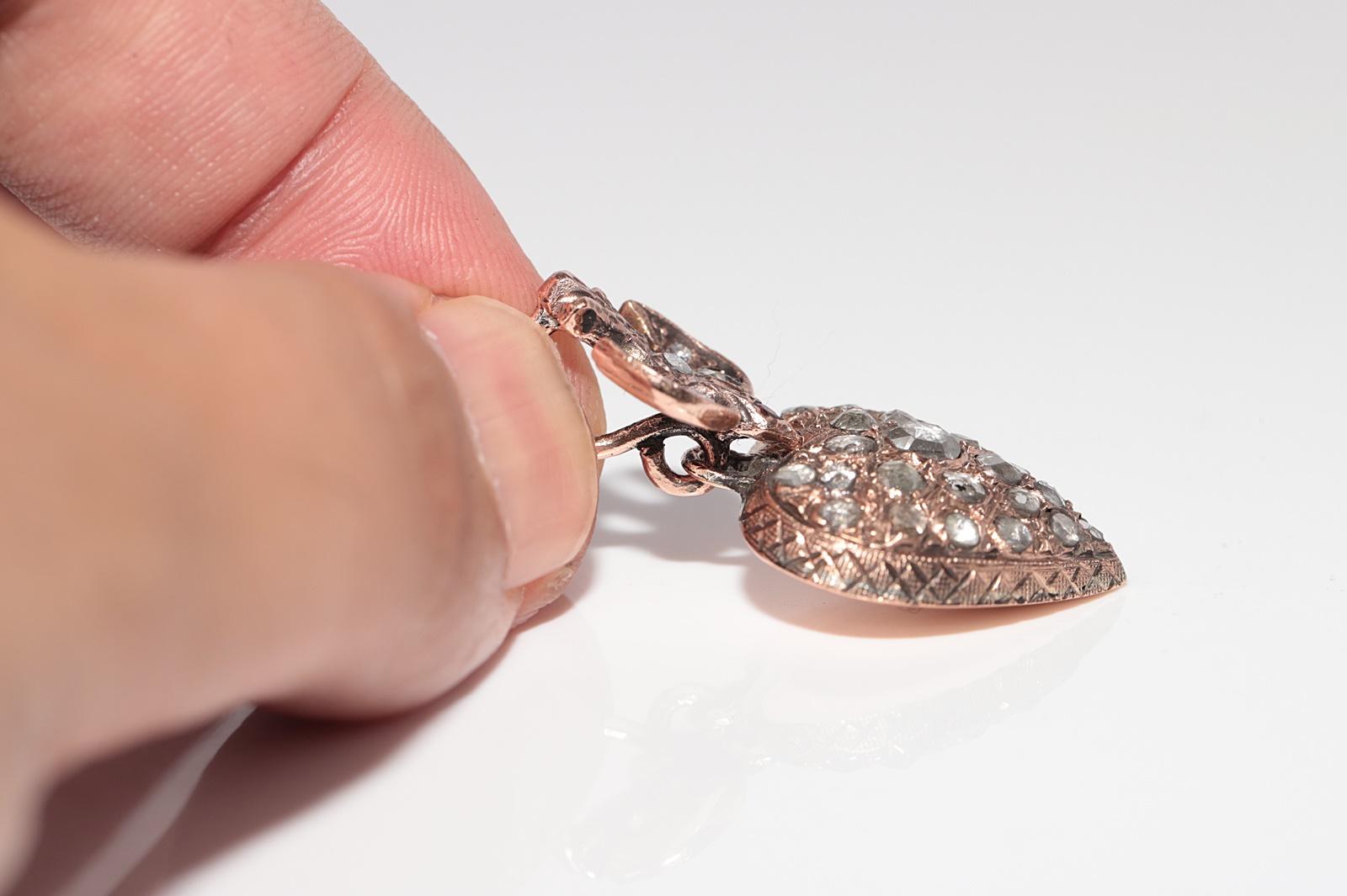 Vintage Circa 1950s 8k Gold Natural Rose Cut Diamond Heart Bird Pendant For Sale 5