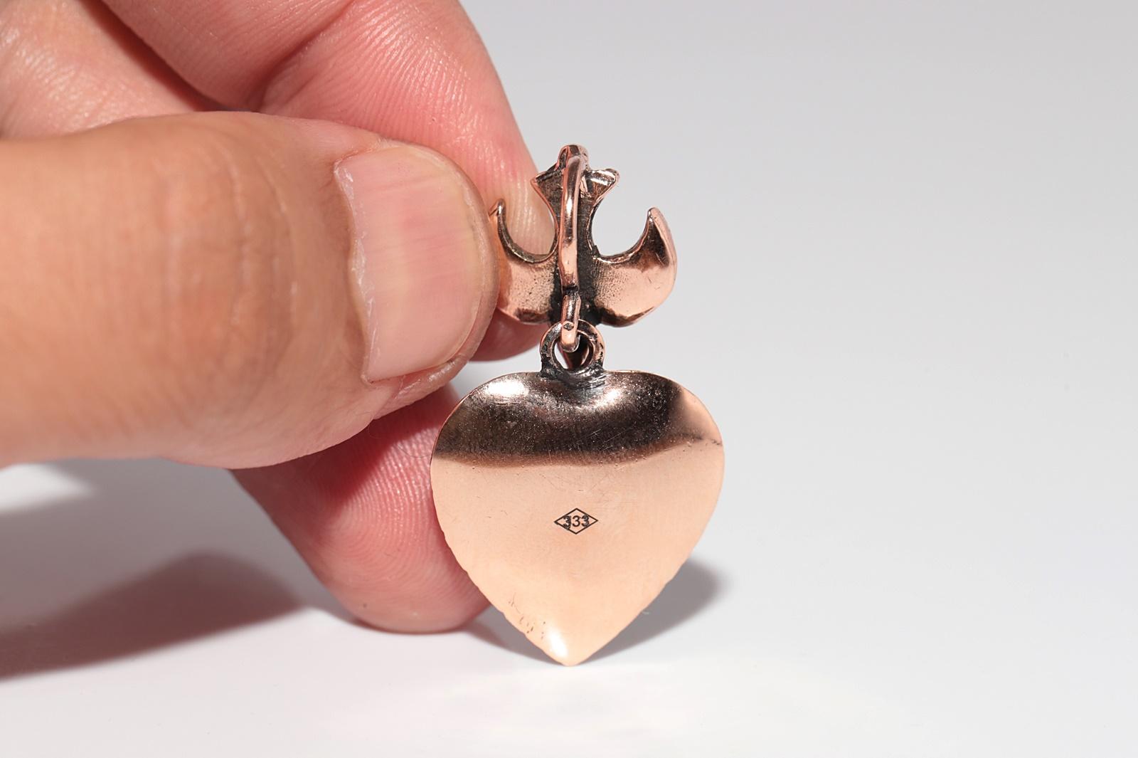 Vintage Circa 1950s 8k Gold Natural Rose Cut Diamond Heart Bird Pendant For Sale 2