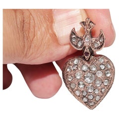 Vintage Circa 1950s 8k Gold Natural Rose Cut Diamond Heart Bird Pendant