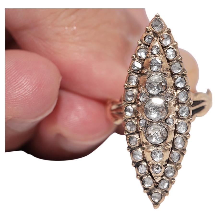 Anillo Navette Vintage Circa 1950s Oro 9k Decorado con Diamantes Corte Rosa Natural
