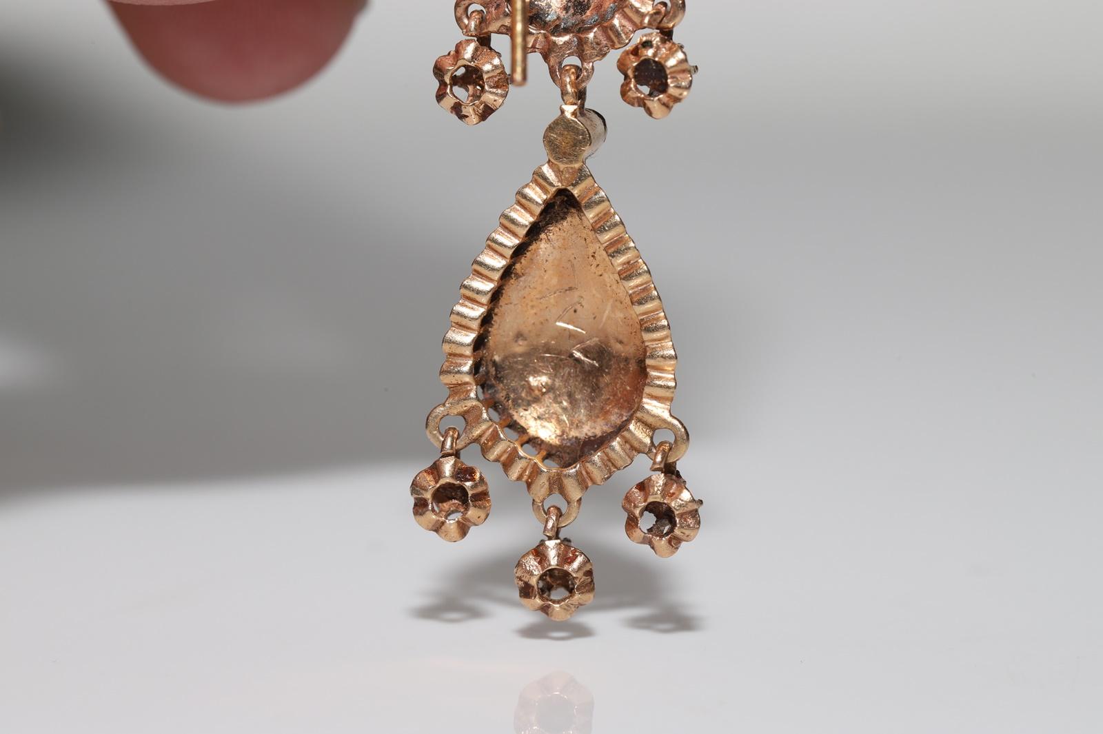 Vintage Circa 1950s 9k Gold Natural Rose Cut Diamond Enamel Drop Earring For Sale 6