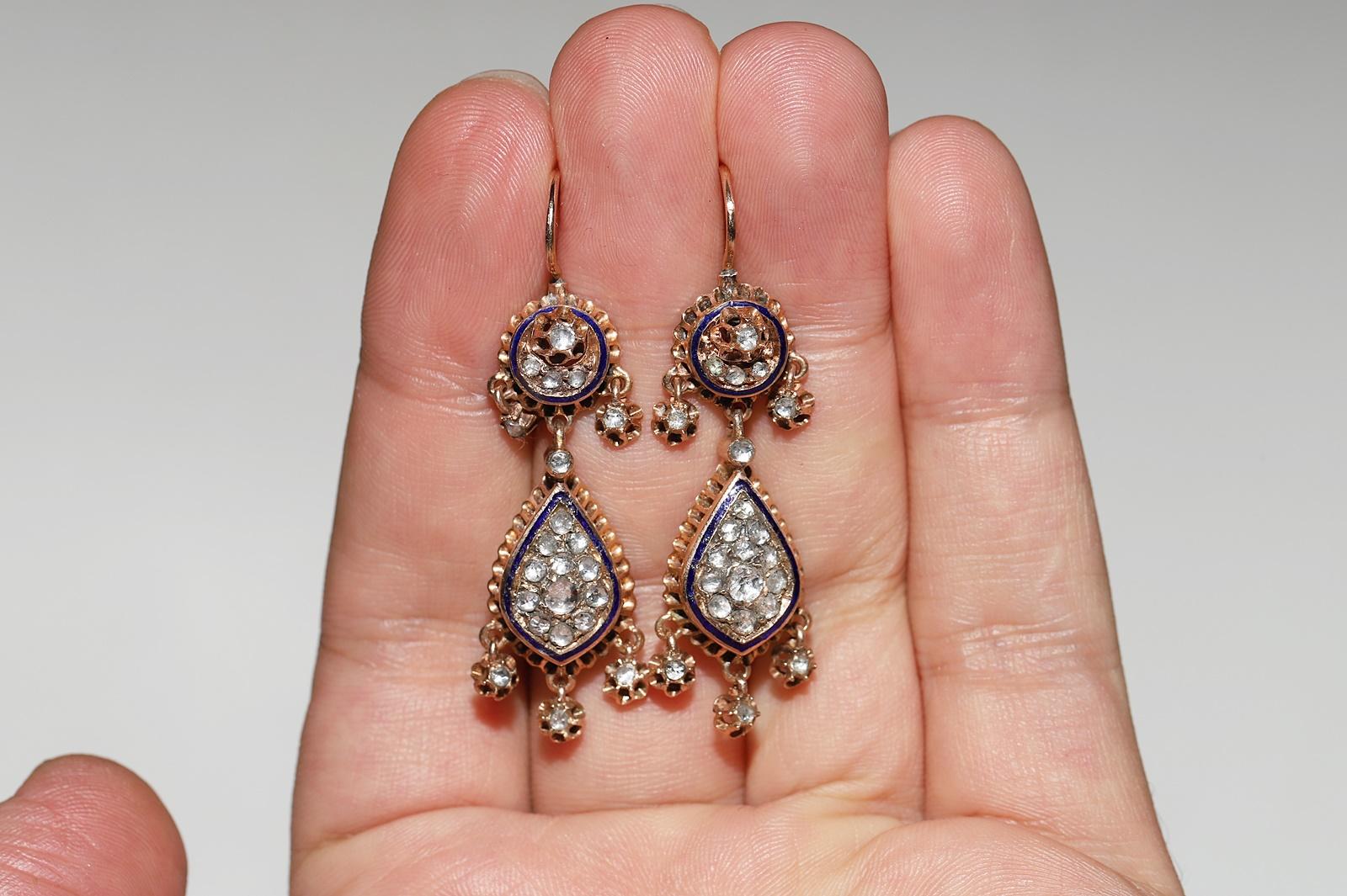 Vintage Circa 1950er Jahre 9k Gold natürlicher Rosenschliff Diamant-Emaille-Tropfen-Ohrring im Angebot 9