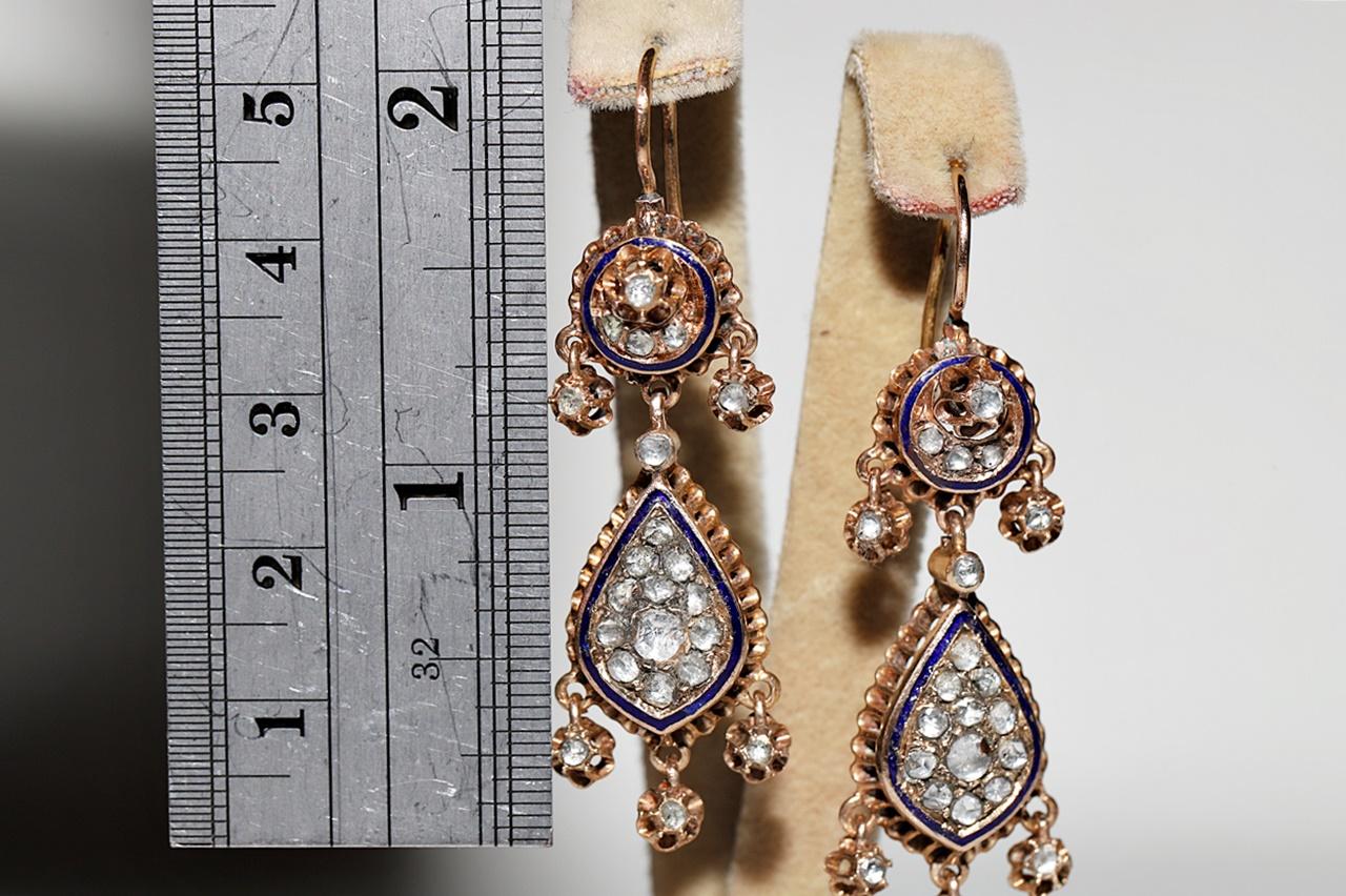 Retro Vintage Circa 1950s 9k Gold Natural Rose Cut Diamond Enamel Drop Earring For Sale