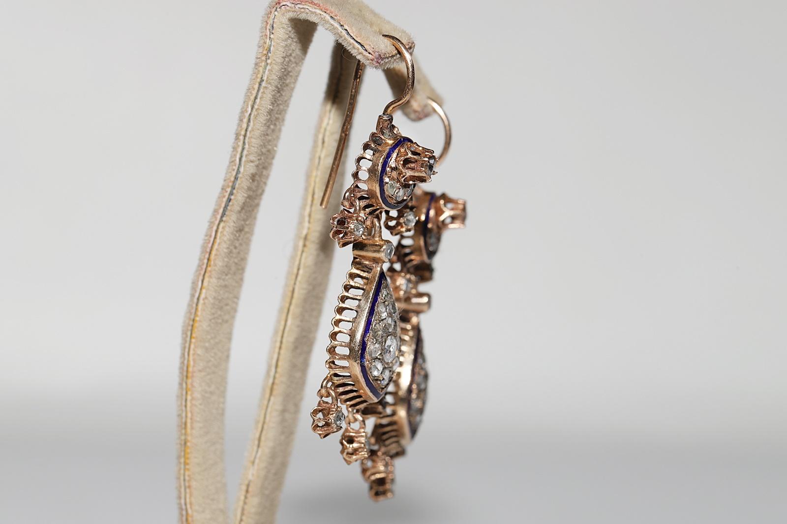 Vintage Circa 1950er Jahre 9k Gold natürlicher Rosenschliff Diamant-Emaille-Tropfen-Ohrring im Zustand „Gut“ im Angebot in Fatih/İstanbul, 34