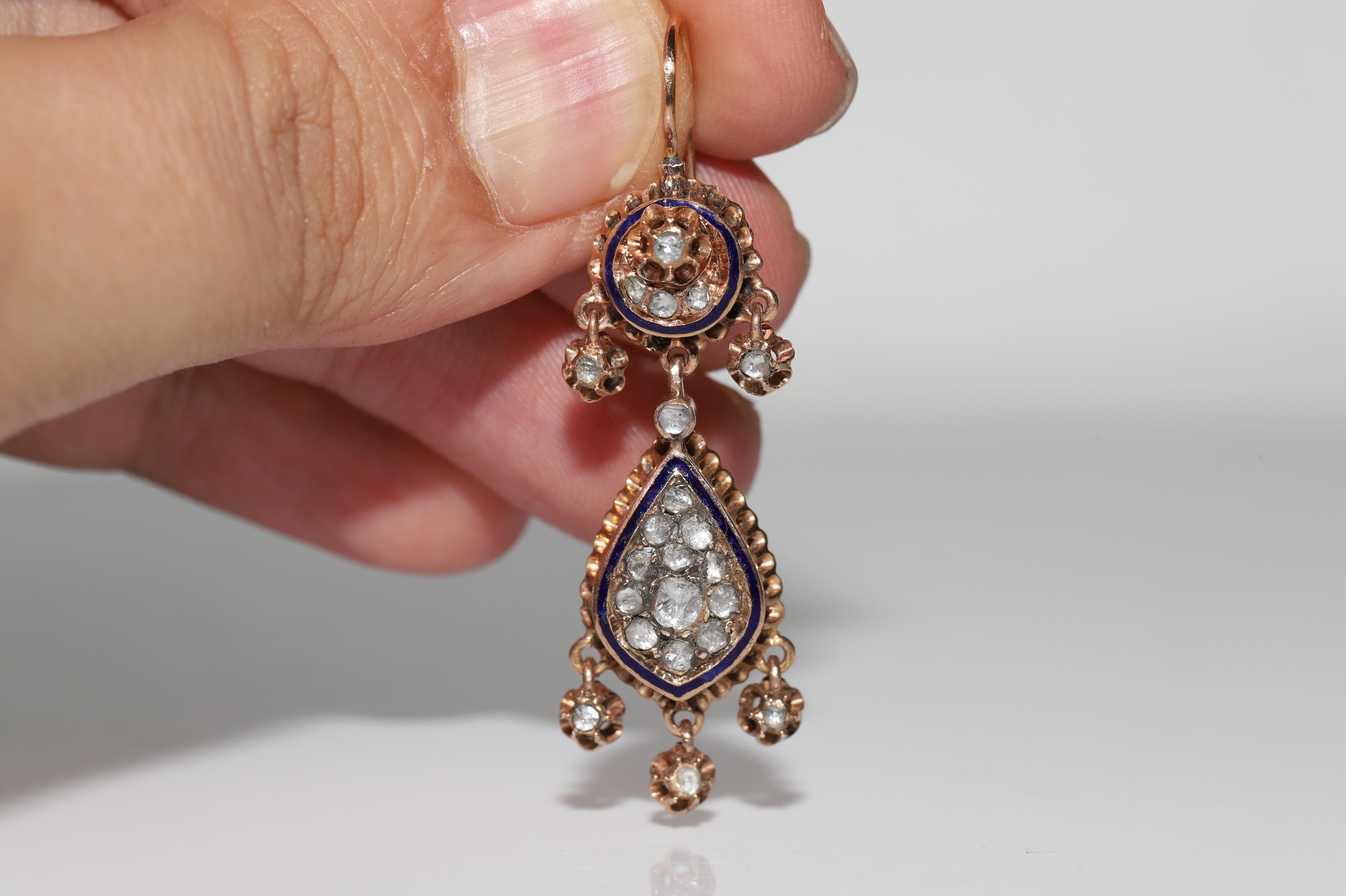 Women's Vintage Circa 1950s 9k Gold Natural Rose Cut Diamond Enamel Drop Earring For Sale