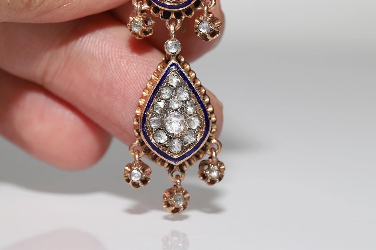 Vintage Circa 1950s 9k Gold Natural Rose Cut Diamond Enamel Drop Earring For Sale 1