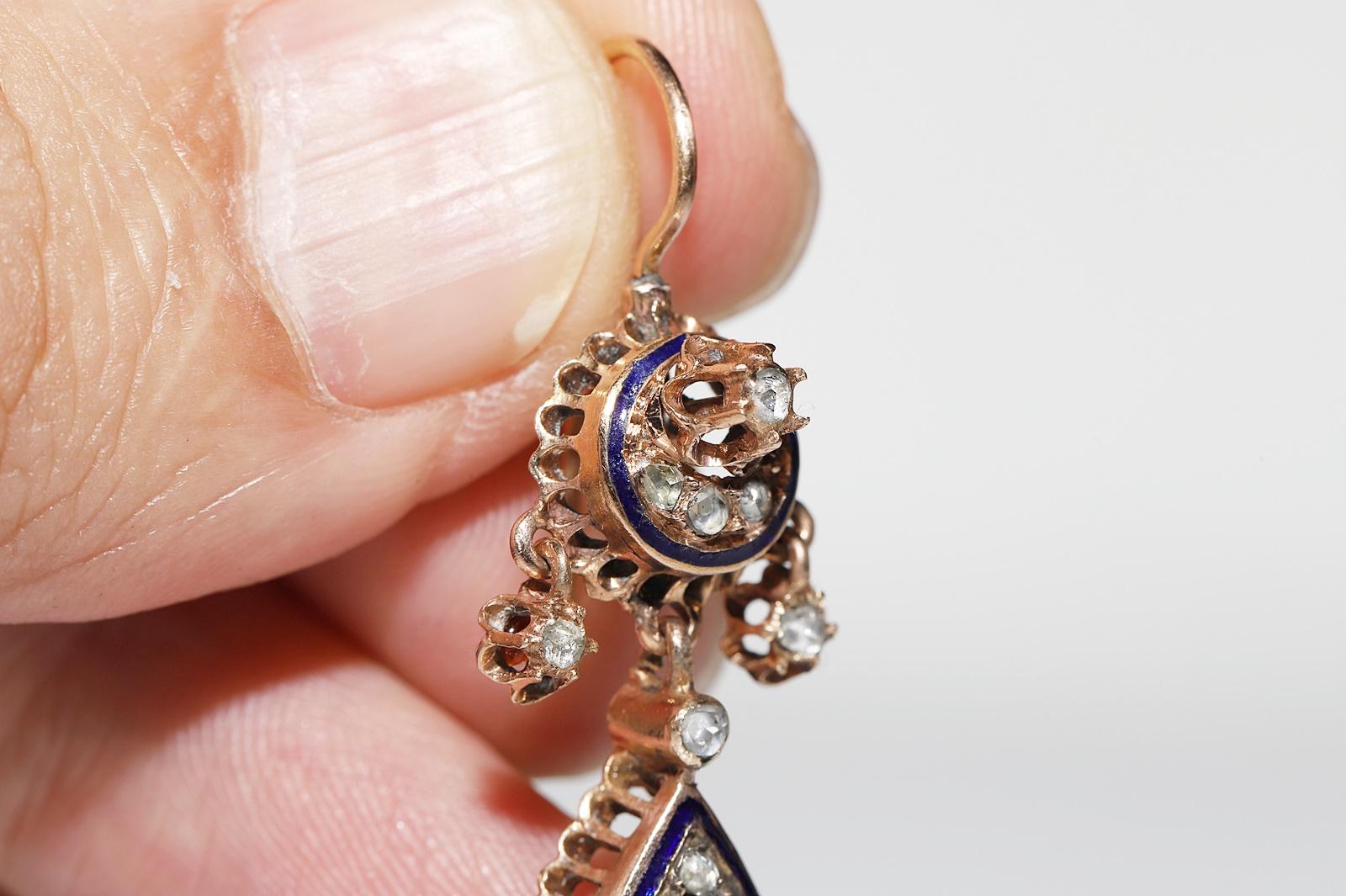 Vintage Circa 1950er Jahre 9k Gold natürlicher Rosenschliff Diamant-Emaille-Tropfen-Ohrring im Angebot 2