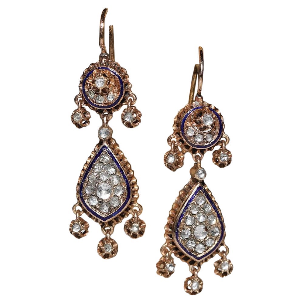 Orecchino a goccia in oro 9k con diamante naturale taglio rosa e smalto, vintage, anni '50 circa.