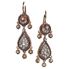 Orecchino a goccia in oro 9k con diamante naturale taglio rosa e smalto, vintage, anni '50 circa.