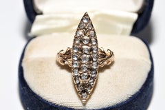 Vintage Circa 1950s 9k Gold Natural Rose Cut Diamond Navette Ring