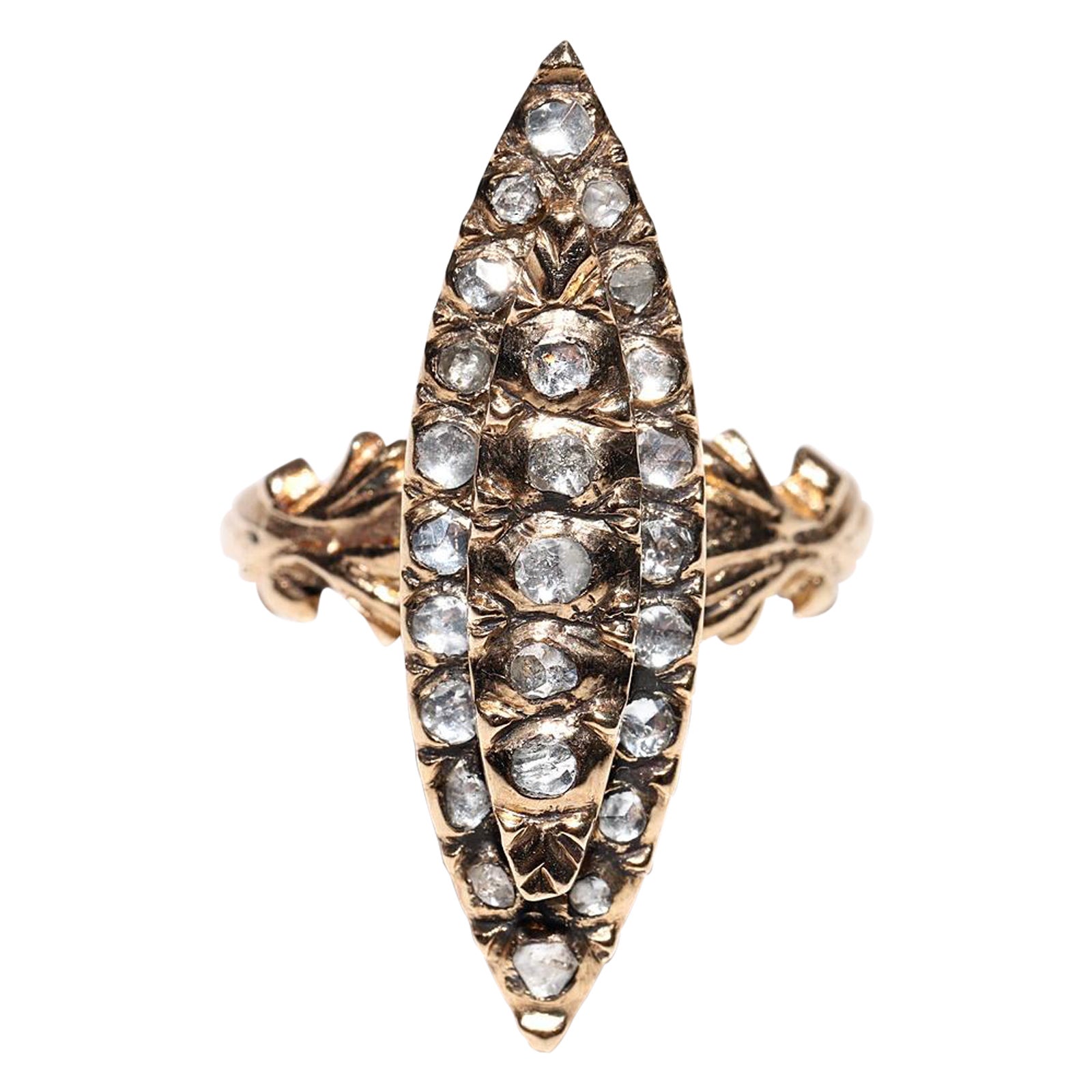 Vintage CIRCA 1950s 9k Gold Natürliche Rose Cut Diamond Navette Ring im Angebot