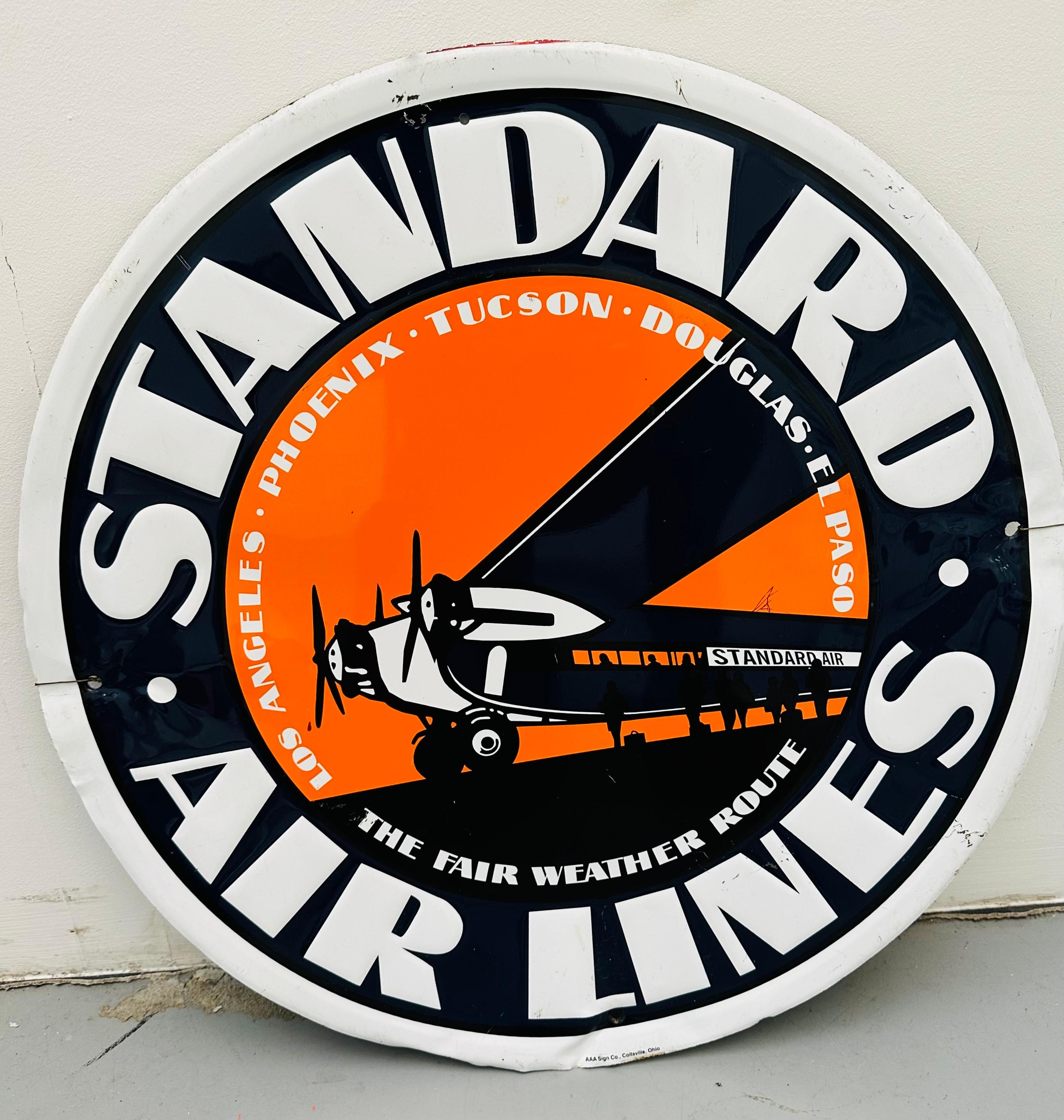 Mid-Century Modern Vintage Circa 1950s American Round Standard Air Lines Tin Metal Advertising Sign For Sale