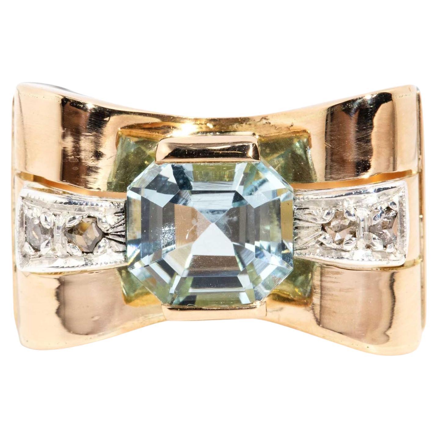 Vintage Circa 1950s Art Deco 2.07 Carat Aquamarine & Diamond Ring 18 Carat