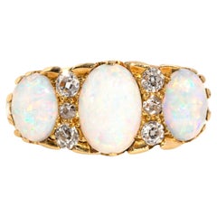 Vintage Circa 1950s Australian Opal & Old Cut Diamond Ring 18 Carat Yellow Gold