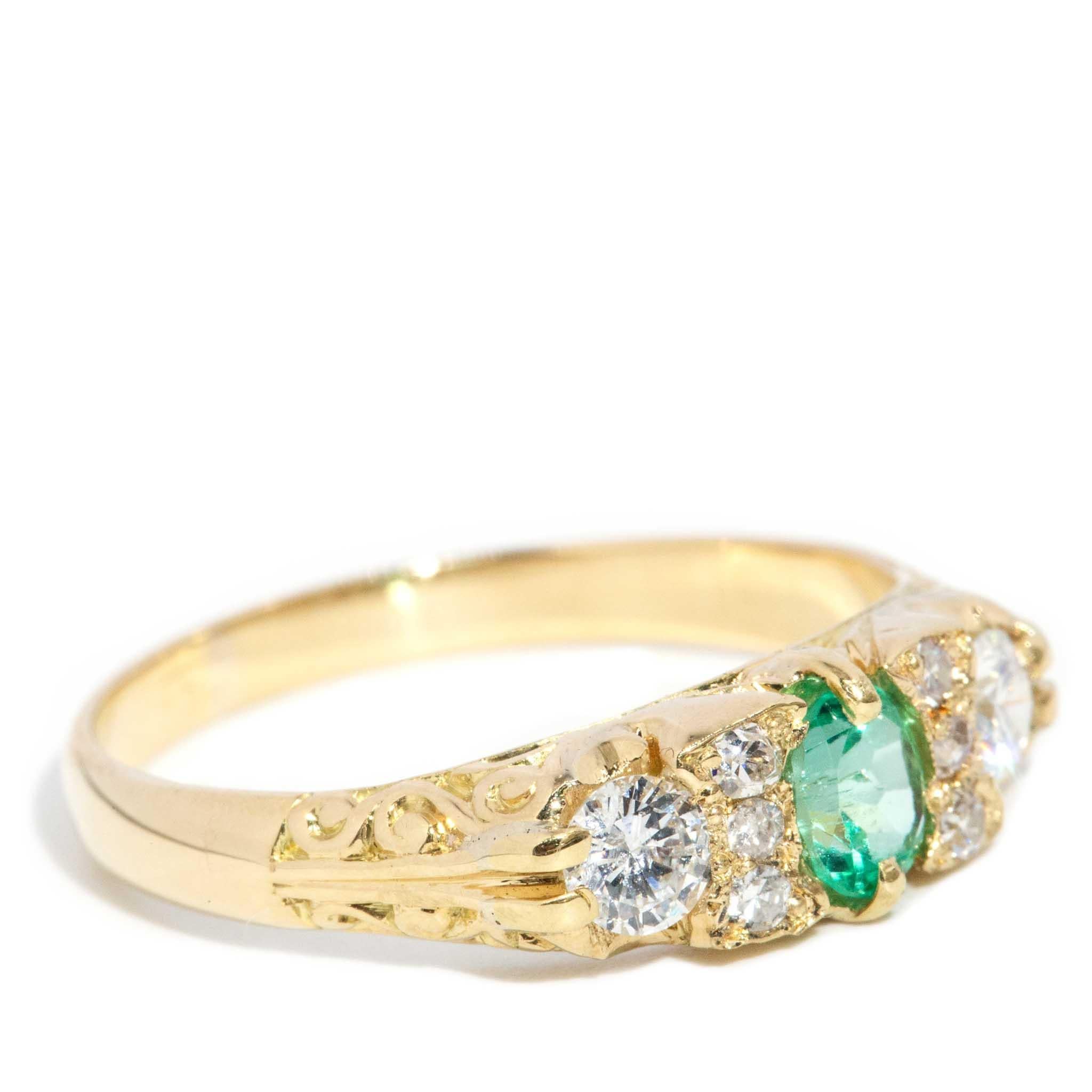 Modern Vintage Circa 1950s Bright Green Emerald & Diamond Ring 18 Carat Yellow Gold
