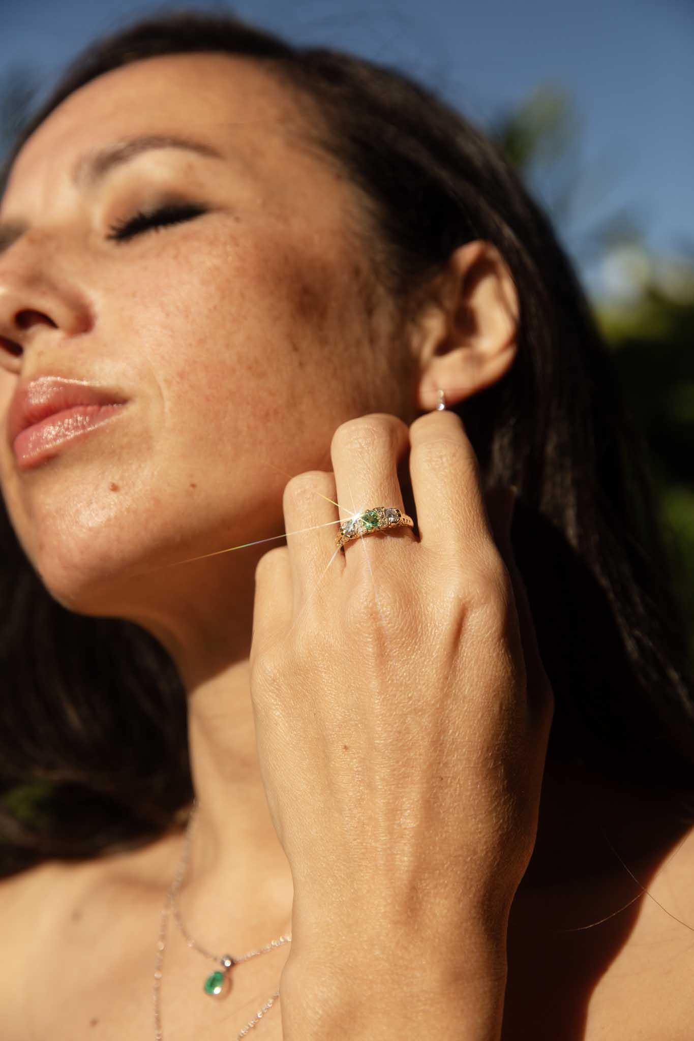 Oval Cut Vintage Circa 1950s Bright Green Emerald & Diamond Ring 18 Carat Yellow Gold