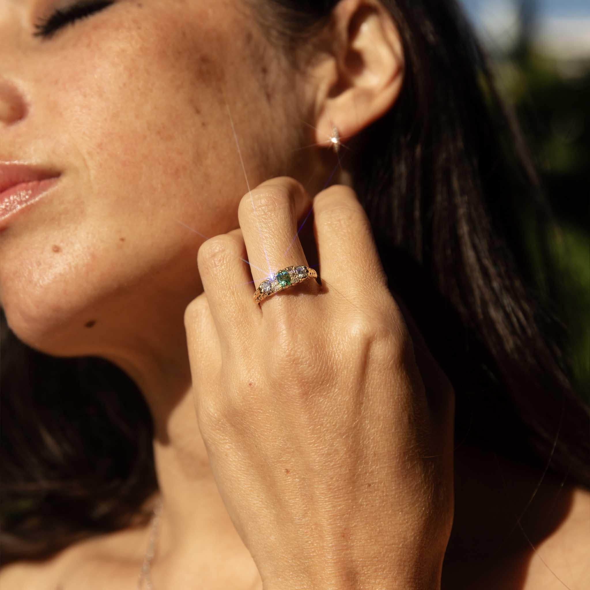 Vintage Circa 1950s Bright Green Emerald & Diamond Ring 18 Carat Yellow Gold 2