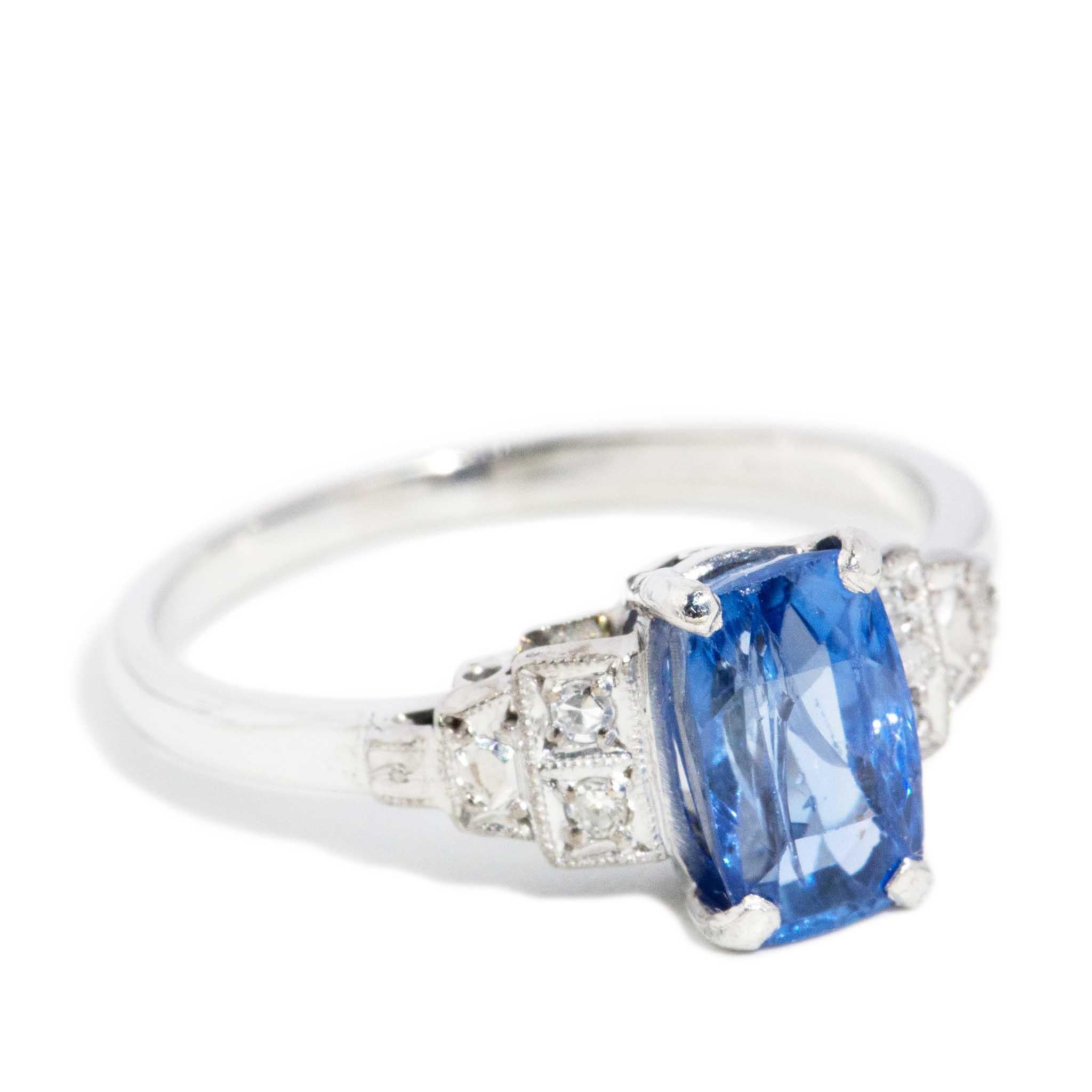 Cushion Cut Vintage Circa 1950s Ceylon Blue Sapphire & Diamond Ring 18 Carat White Gold