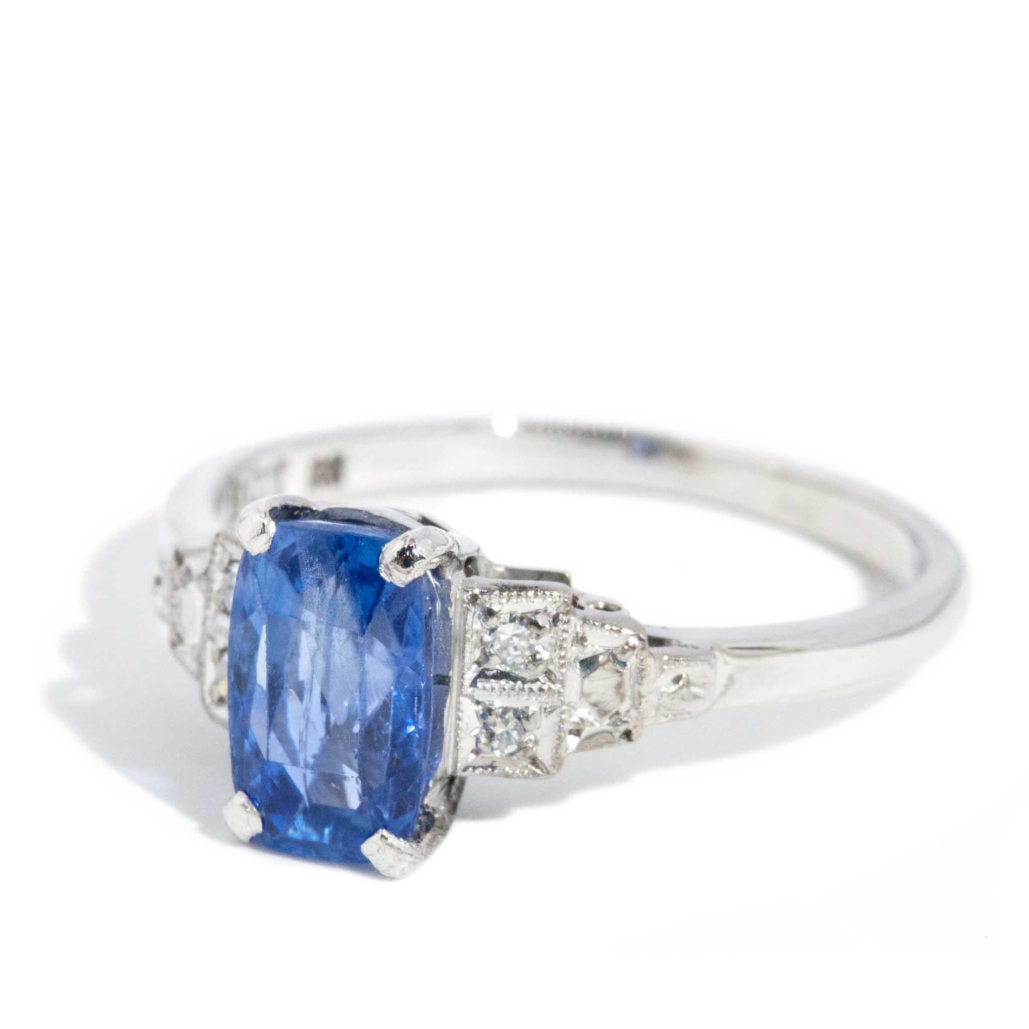 Women's Vintage Circa 1950s Ceylon Blue Sapphire & Diamond Ring 18 Carat White Gold