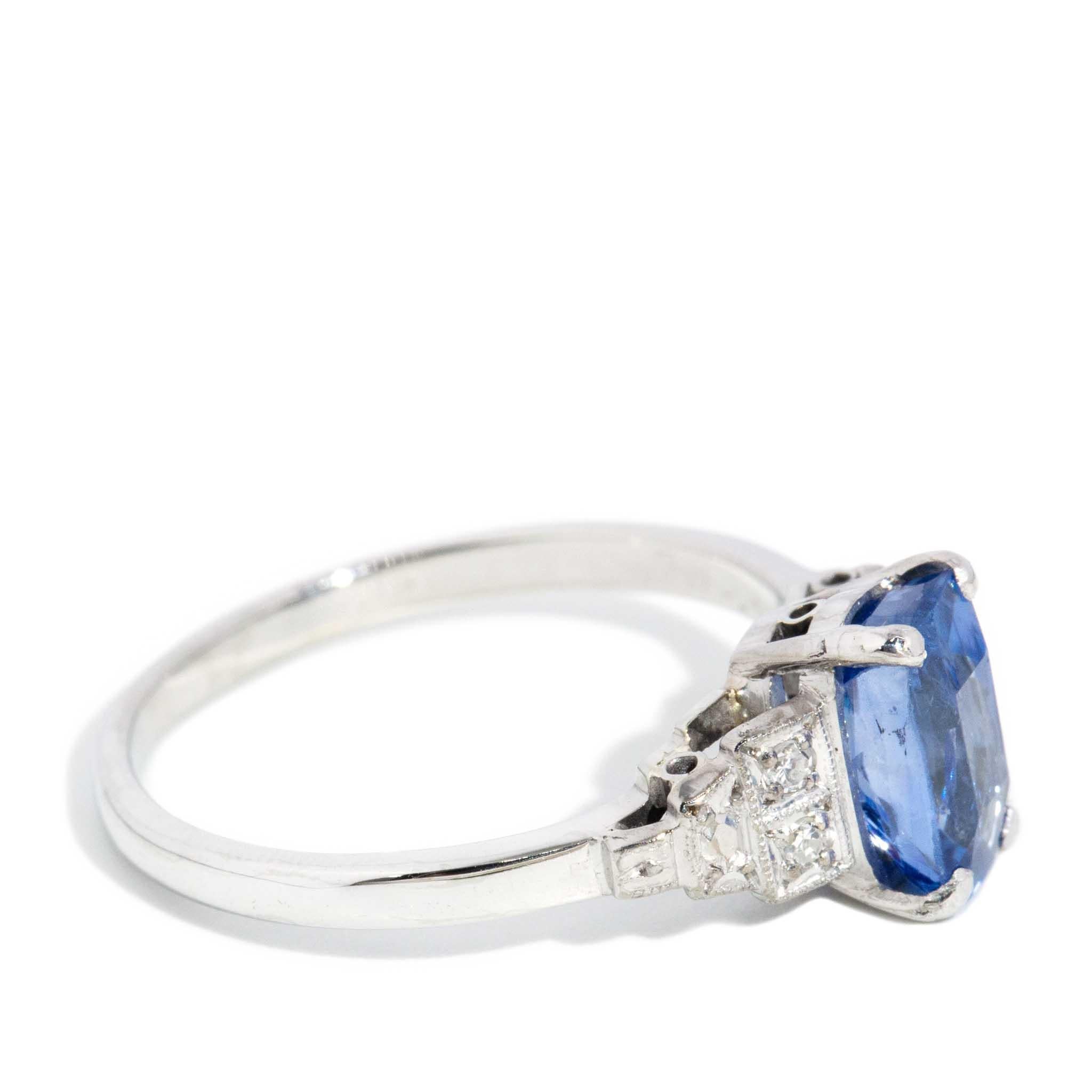 Vintage Circa 1950s Ceylon Blue Sapphire & Diamond Ring 18 Carat White Gold 2