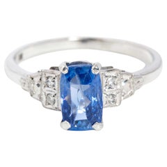 Vintage Circa 1950s Ceylon Blue Sapphire & Diamond Ring 18 Carat White Gold