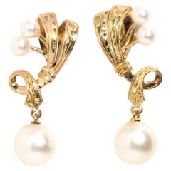 Vintage Circa 1950s Cultured Pearl Twisted Ribbon Drop Earrings in 9 Carat Gold