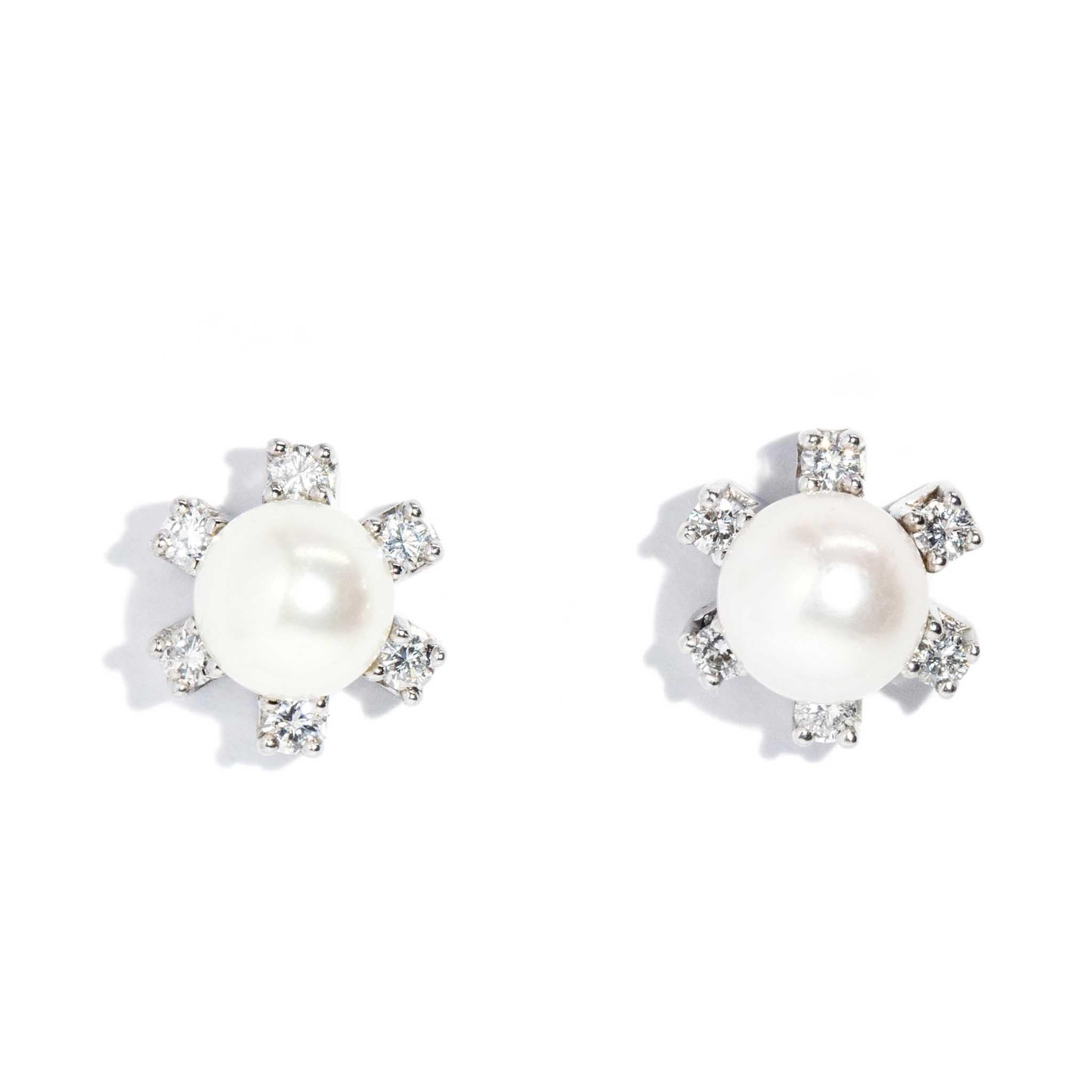Modern Vintage Circa 1950s Diamond & Light Cream Akoya Pearl Studs 14 Carat White Gold