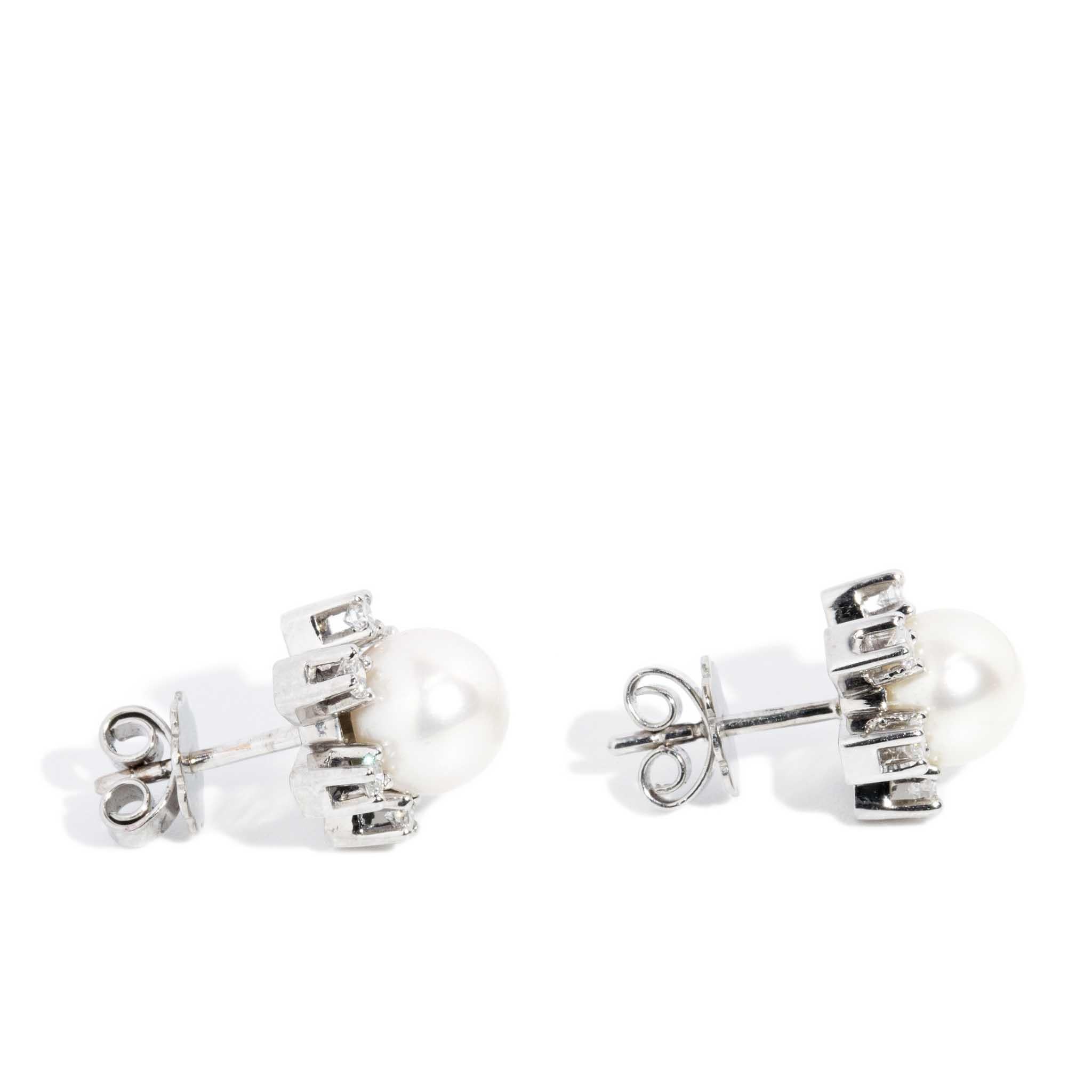 Brilliant Cut Vintage Circa 1950s Diamond & Light Cream Akoya Pearl Studs 14 Carat White Gold