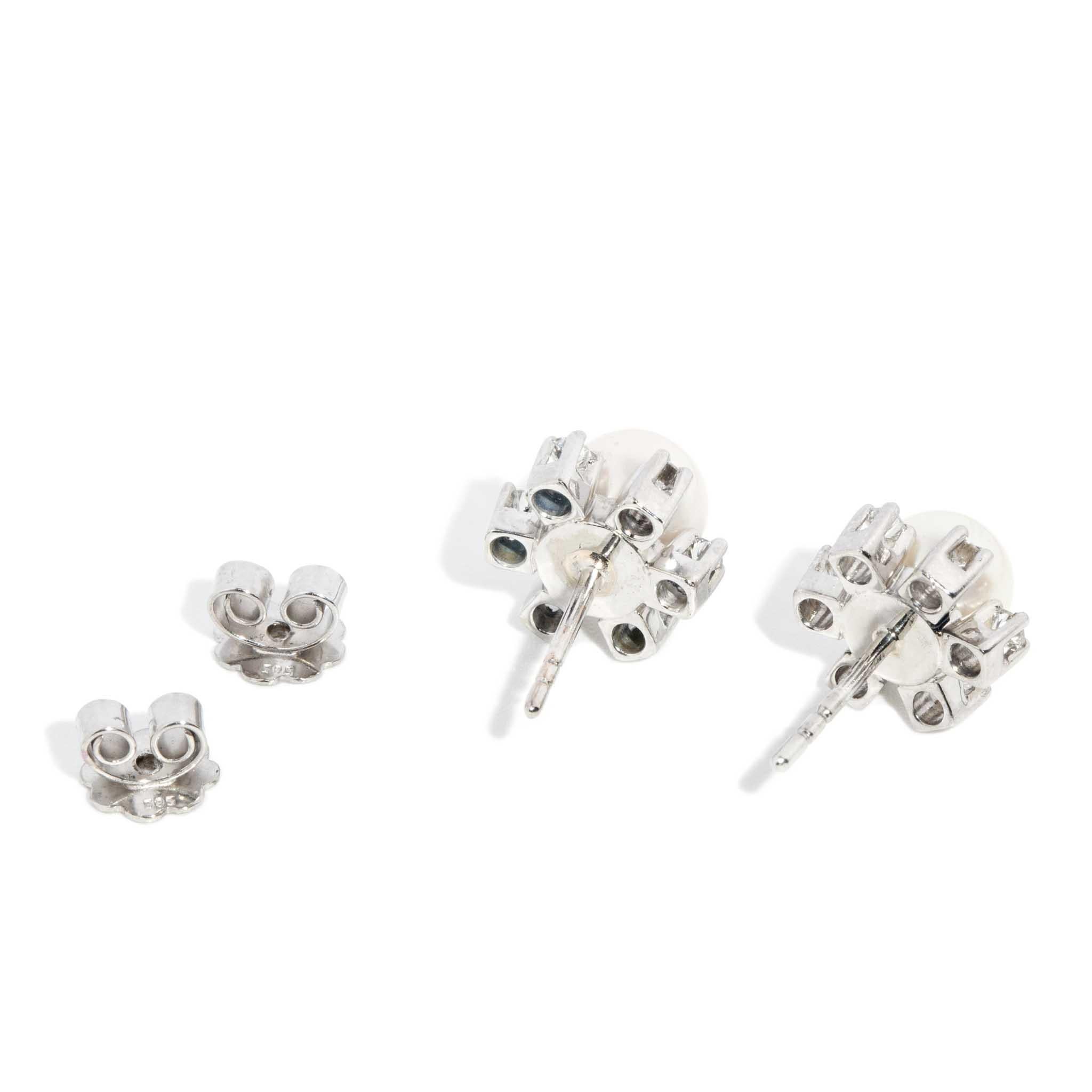 Women's Vintage Circa 1950s Diamond & Light Cream Akoya Pearl Studs 14 Carat White Gold