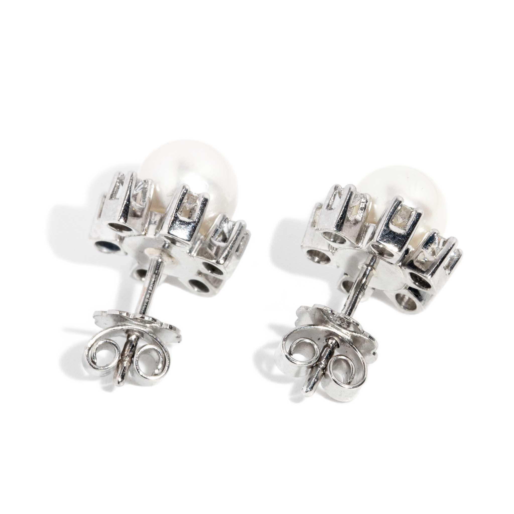 Vintage Circa 1950s Diamond & Light Cream Akoya Pearl Studs 14 Carat White Gold 1