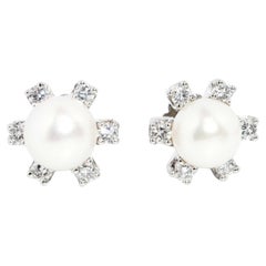 Vintage Circa 1950s Diamond & Light Cream Akoya Pearl Studs 14 Carat White Gold