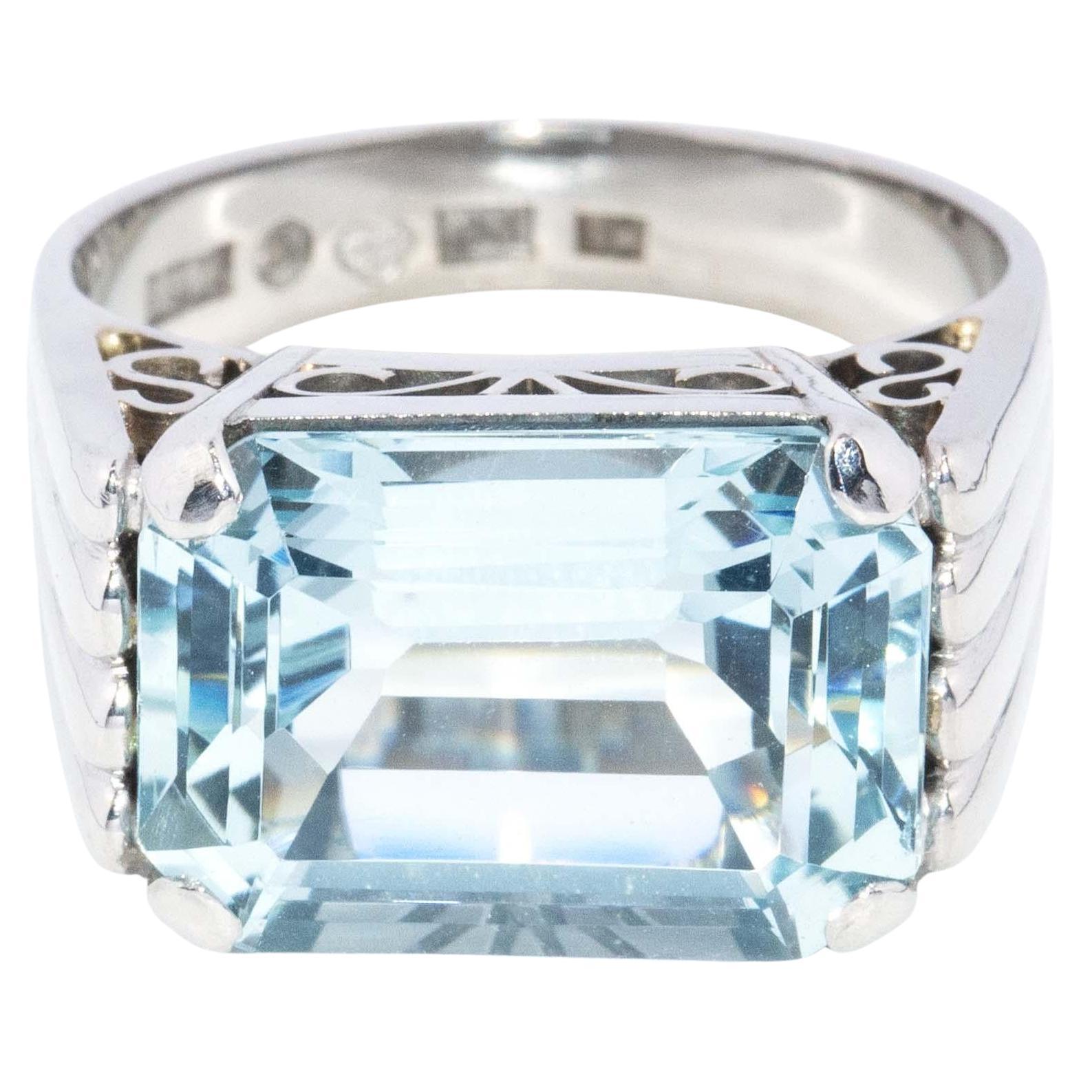 Vintage Circa 1950s Emerald Cut Aquamarine Filigree Ring 18 Carat White Gold