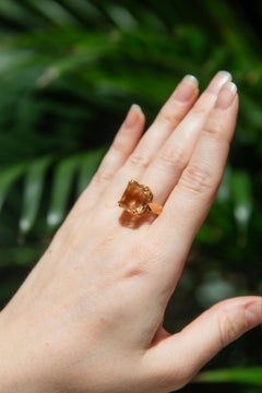 Vintage Circa 1950s Emerald Cut Citrine Cocktail Ring 21 Carat Yellow Gold