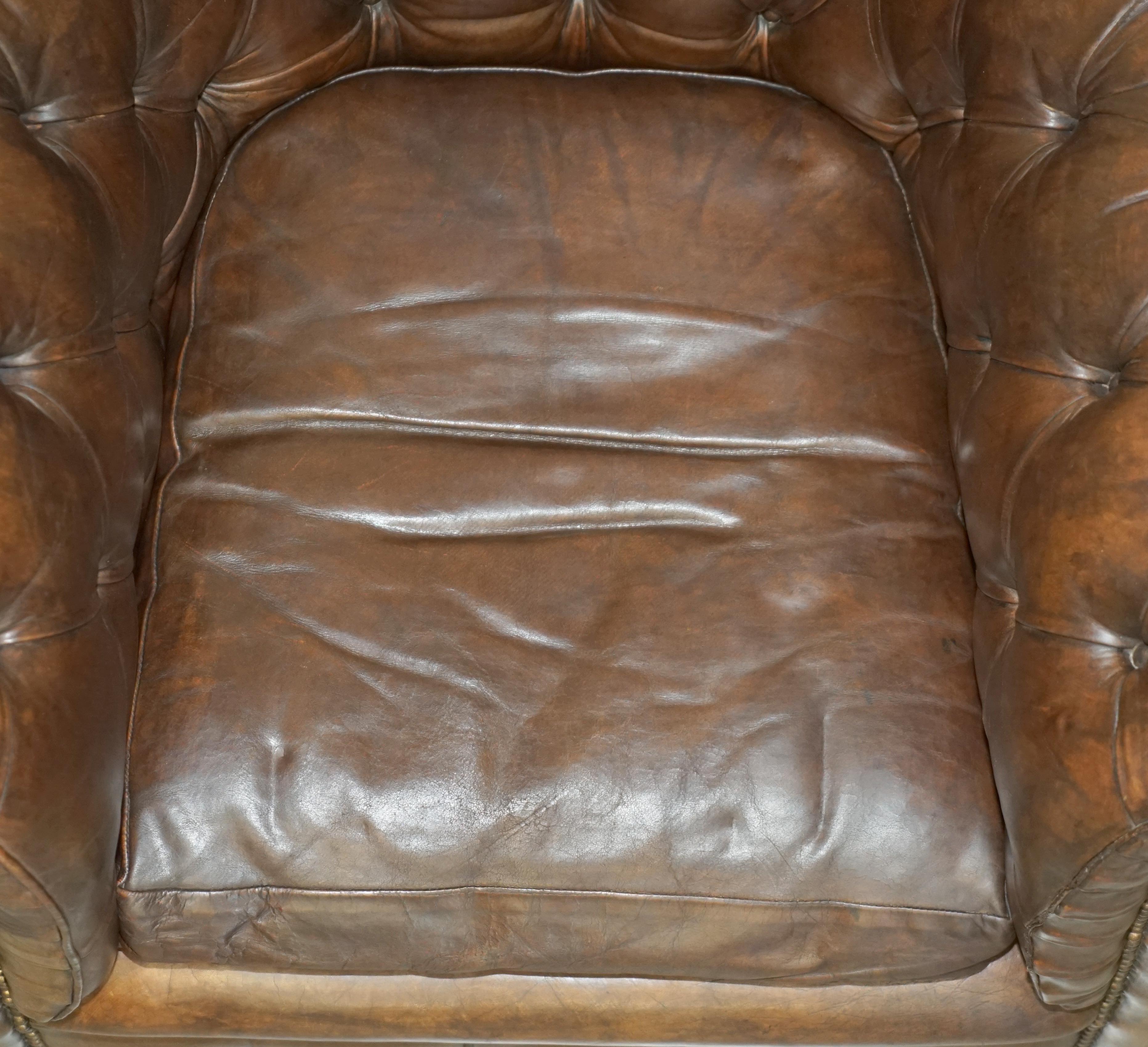 VINTAGE CIRCA 1950's HAND DYED BROWN LEATHER CHESTERFIELD CLUB ARMCHAIR WALNUT For Sale 9