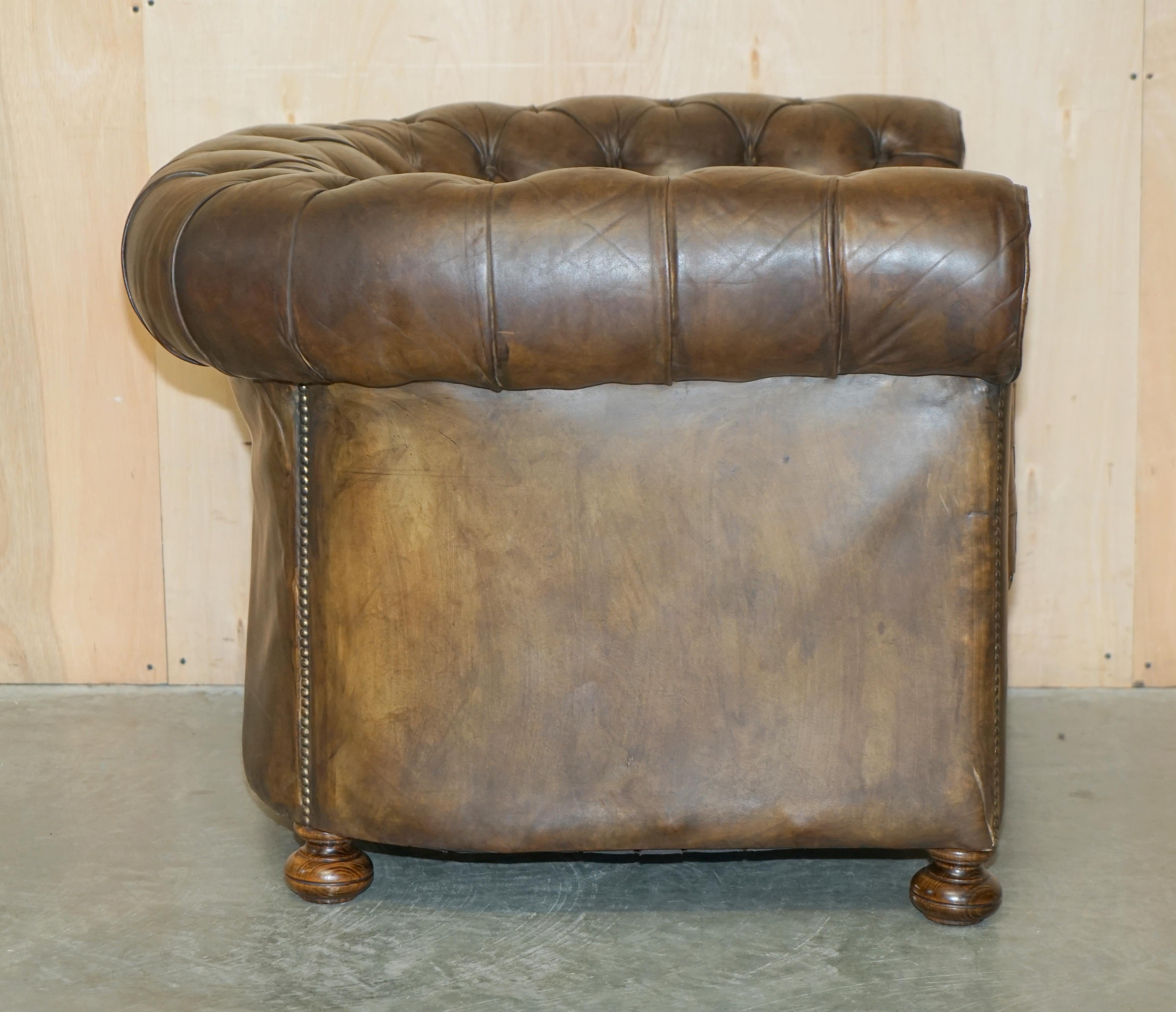 VINTAGE CIRCA 1950's HAND DYED BROWN LEATHER CHESTERFIELD CLUB ARMCHAIR WALNUT For Sale 9