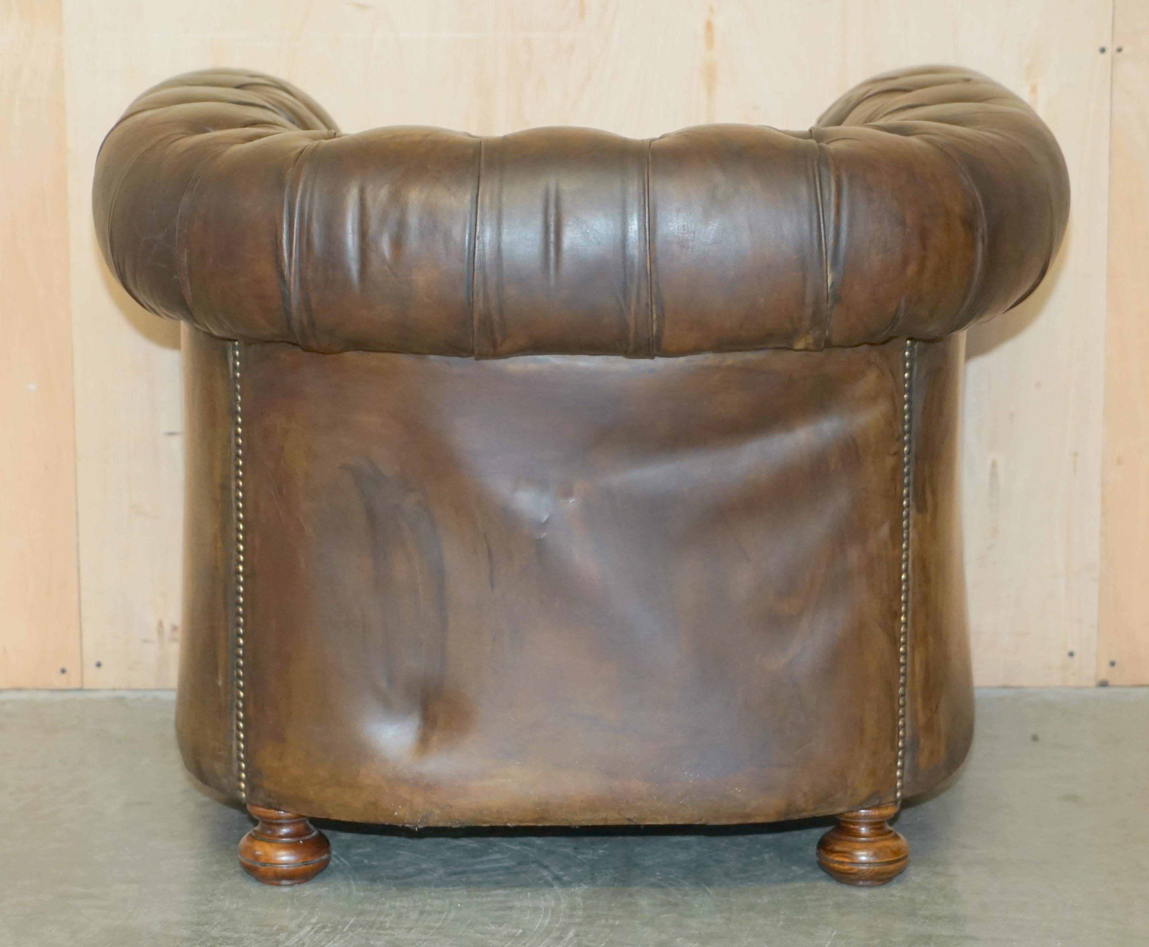 VINTAGE CIRCA 1950's HAND DYED BROWN LEATHER CHESTERFIELD CLUB ARMCHAIR WALNUT For Sale 11