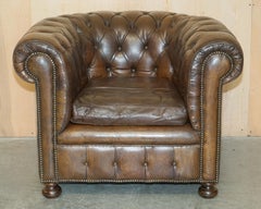 VINTAGE CIRCA 1950's CHESTERFIELD CLUB ARMCHAIR WALNUT HAND DYED BROWN LEATHER