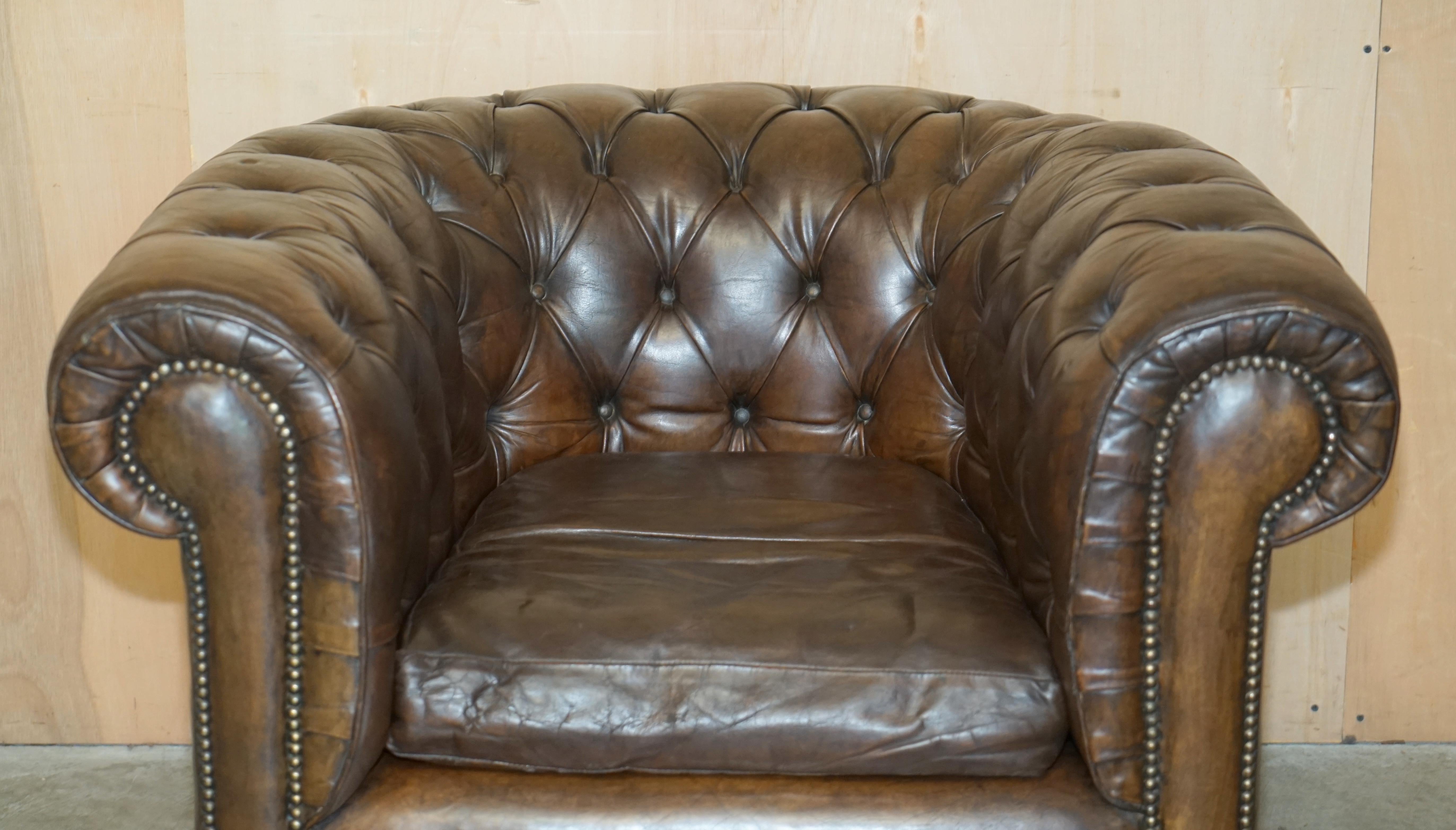 Chesterfield VINTAGE CIRCA 1950's HAND DYED BROWN LEATHER CHESTERFIELD CLUB ARMCHAIR WALNUT For Sale