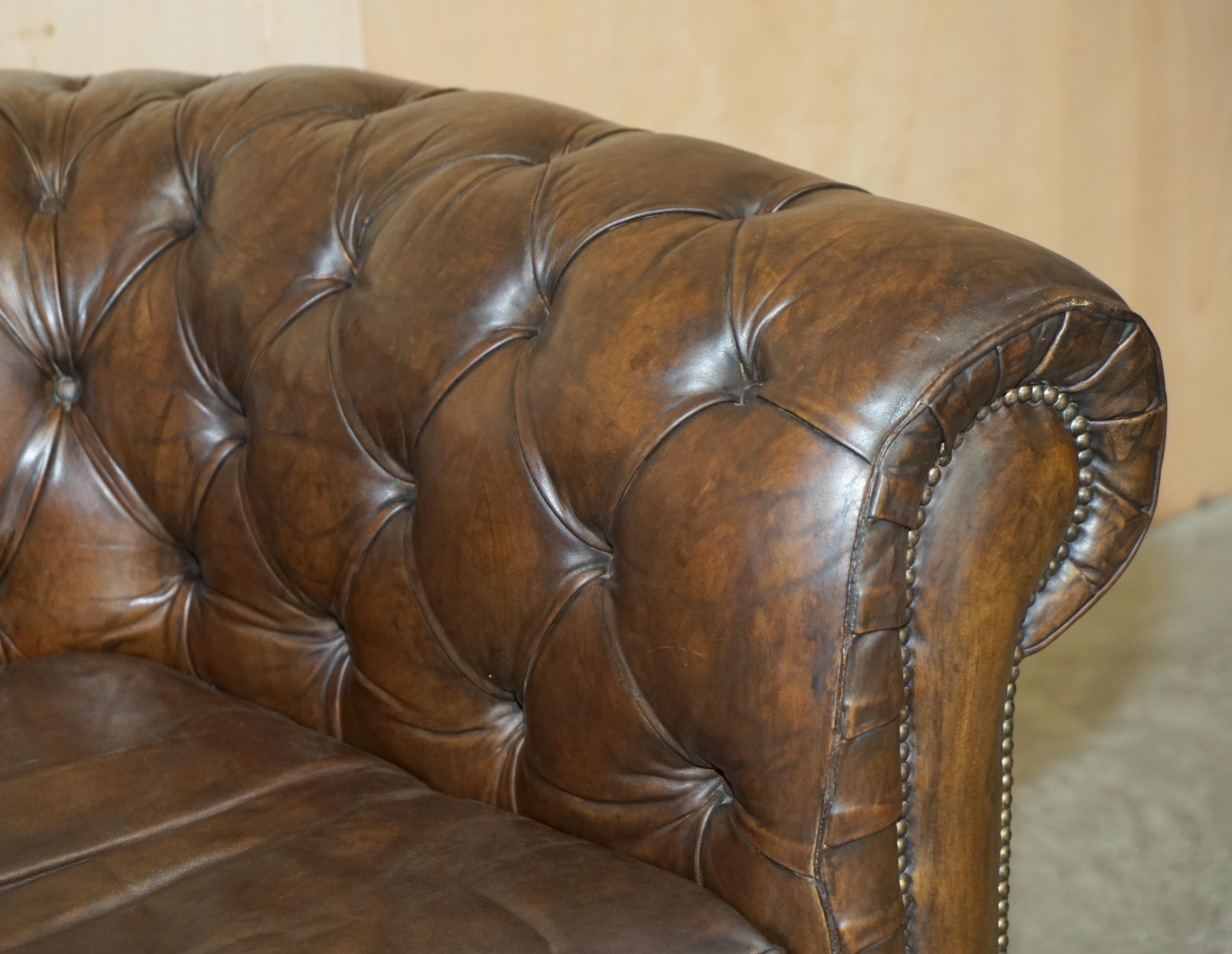 Hand-Crafted VINTAGE CIRCA 1950's HAND DYED BROWN LEATHER CHESTERFIELD CLUB ARMCHAIR WALNUT For Sale