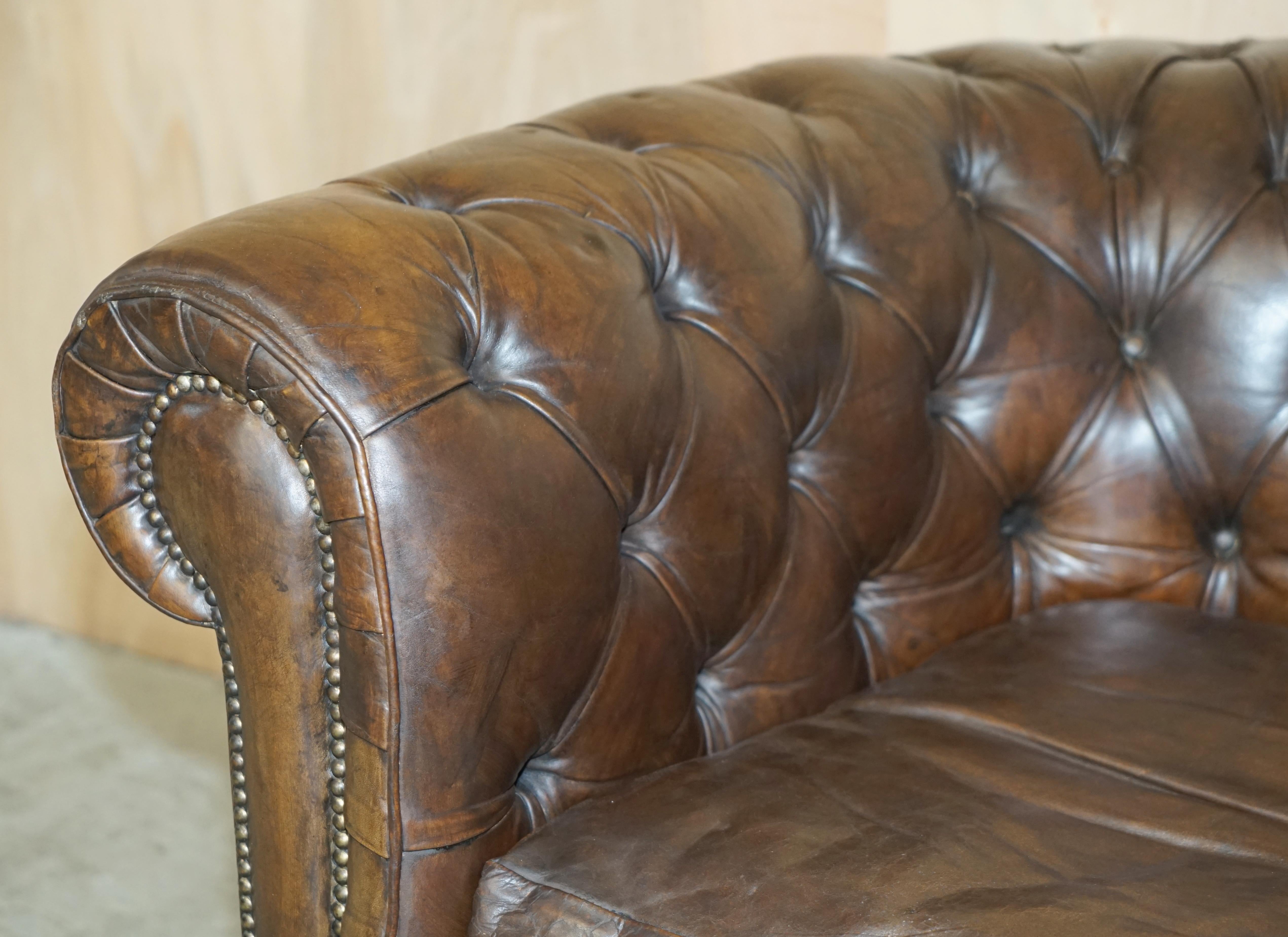 Mid-20th Century VINTAGE CIRCA 1950's HAND DYED BROWN LEATHER CHESTERFIELD CLUB ARMCHAIR WALNUT For Sale