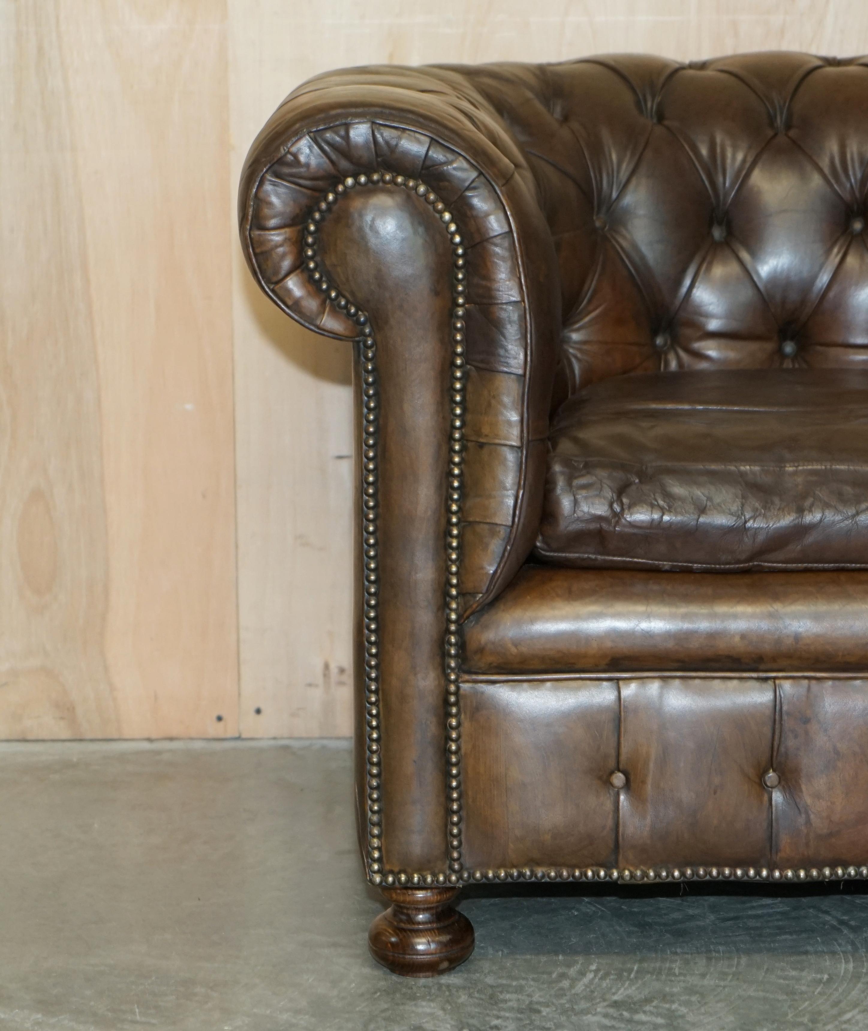 Mid-20th Century VINTAGE CIRCA 1950's HAND DYED BROWN LEATHER CHESTERFIELD CLUB ARMCHAIR WALNUT For Sale