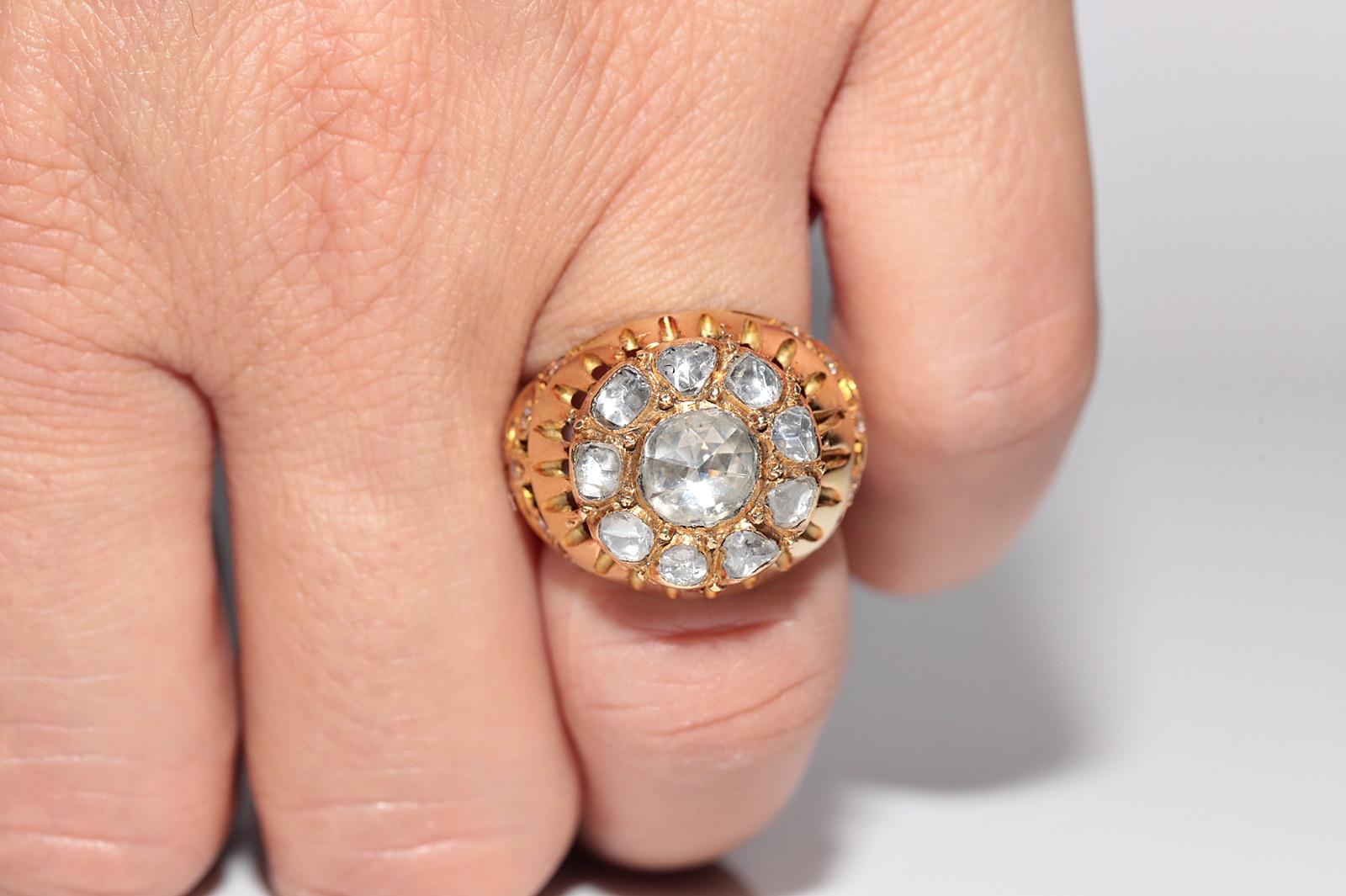 Vintage Circa 1950s Anillo artesanal de oro de 18 quilates con diamantes naturales talla rosa en venta 11