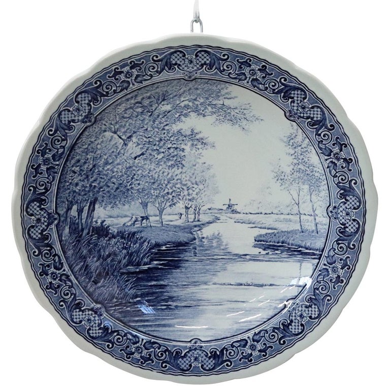 Vintage circa 1950s Large Royal Delft Boch Blue and White Wall Plate For Sale